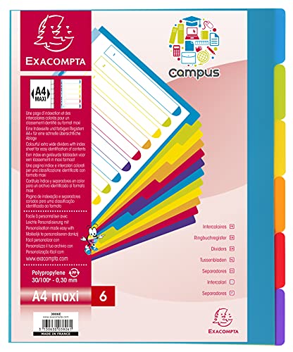 Exacompta - Réf. 3806E - Intercalaires En Polypropylène Rigide Semi-Opaques Avec 6 Onglets Neutres Campus - Page D'Indexation Imprimable - Format À Cl