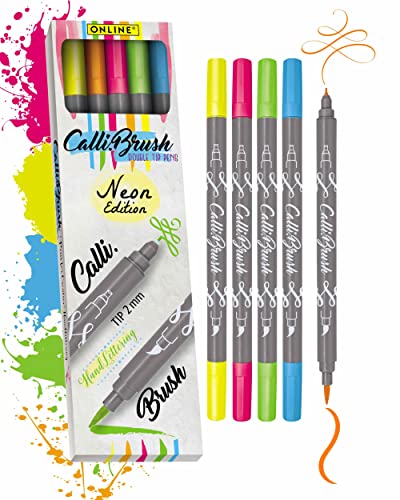 Online 19078 Calli.Brush Neon - Juego De 5 Rotuladores De Escritura A Mano, Juego De Rotuladores Con Pincel, Juego De Caligrafía, Punta De Caligrafía