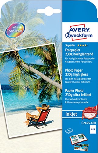 Avery Instant Dry Technology- Carta Fotografica Lucida Per Stampanti Inkjetbianco, 130 X 180, 45 Pezzi