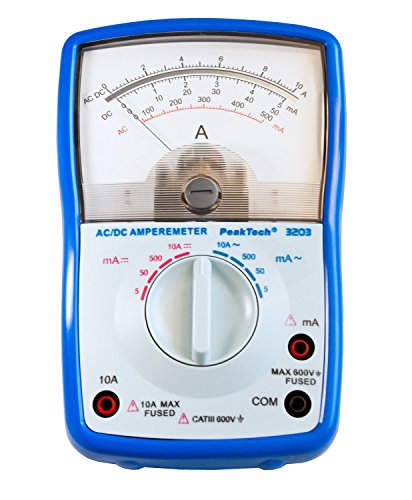 Peak Tech P 3203 Amperometro Analogico; Cat Iii 600 V, Max. 10 A Ac/Dc; 5 Ma/50 Ma/500 Ma/10 A Ac Dc; Strumento Analogico Per Casa, Auto, Barca, Frecc