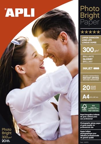 Apli 10970 - Carta Fotografica Photobright Lunga Durata A4 300 G 20 Fogli