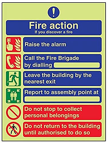 Vsafety 12009 – An-G Fire Action Sign, Generale Fire Action/6 Messaggio, Glow In The Dark, Ritratto, Plastica, 1 Mm 150 Mm X 200 Mm, Nero/Blu/Verde/Ro