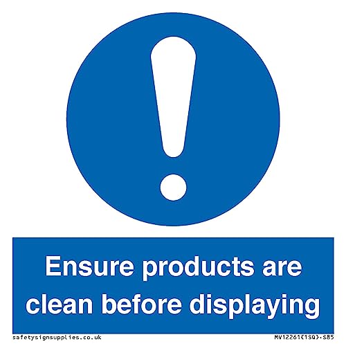 Cartello Con Scritta "Ensure Products Are Clean Before Displaying" (Lingua Italiana Non Garantita), 85 X 85 Mm, S85