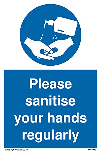Confezione Da 5 – Segnale Con Scritta "Please Sanitise Your Hands Regolarmente Con Simbolo Sanitario Manuale Obbligatorio – 100 X 150 Mm – A6.
