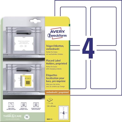 Avery Zweckform Art. 8001-5 Etichette (20 Porta Etichette, 120 X 80 Mm, Possono Essere Incollate A Piacere Con Tutte Le Etichette Senza Residui, Per S
