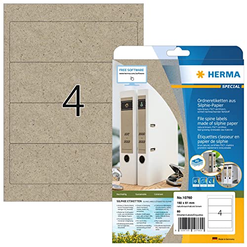 Herma Silphie 10760 - Etichette Autoadesive Per Dorso Del Dorso, 4 Etichette Per Foglio A4, 20 Fogli, 192 X 61 Mm, 80 Etichette, Vuote, Per Cartelle A