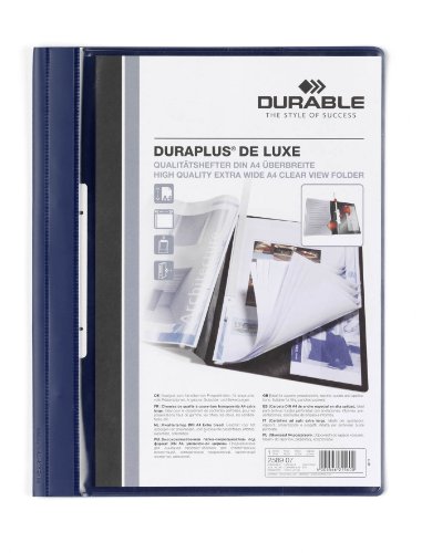 Durable 258907 - Cartellina Ad Aghi Duraplus De Luxe, F.To A4+, Fronte Trasparente E Retro Colorato, Occhielli Di Archiviazione, Blu, Conf. Da 25 Pezz