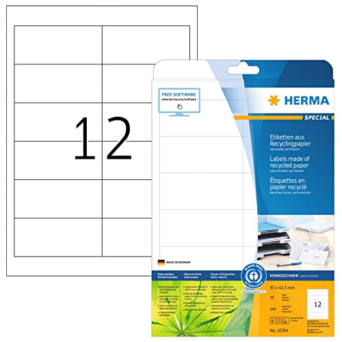Herma 10704 Etichette Riciclate Din A4 (97 X 42,3 Mm, 20 Fogli, Carta Riciclata Opaca), Autoadesive, Stampabili, Adesivi Permanenti, 240 Etichette Ade