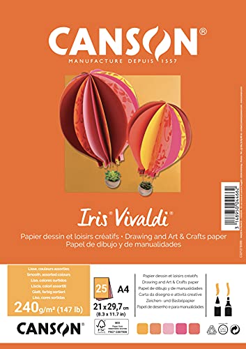 Canson Iris Vivaldia4 - Confezione Da 25 Fogli Da 240 G/M², Colori Assortiti Giallo/Rosa/Rosso