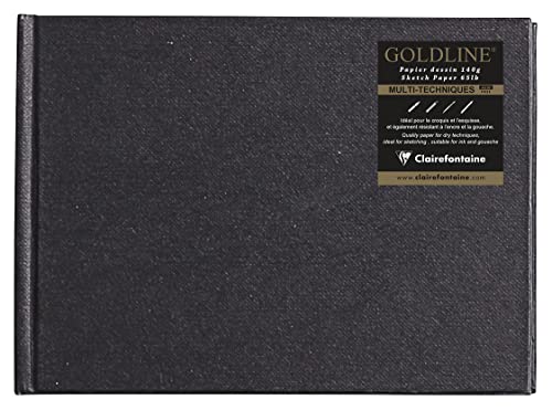 Clairefontaine 34248C Taccuino Cucito Goldline - 64 Fogli Carta Da Disegno Bianca - A6 10,8X14,8 Cm 140G - Formato Paesaggio - Copertina Rigida Nera I
