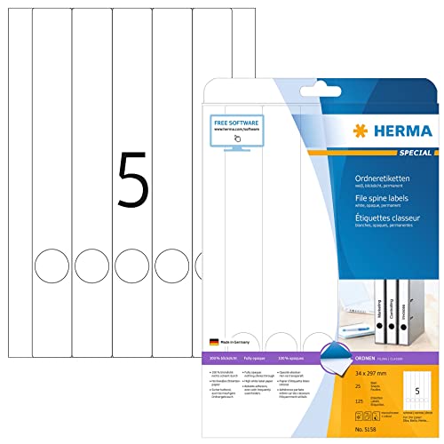 Herma Etichette Per Raccoglitori, 34 X 297 Mm, Etichette Adesive A4 Per Stampante, 5 Etichette Per Foglio, Bianco