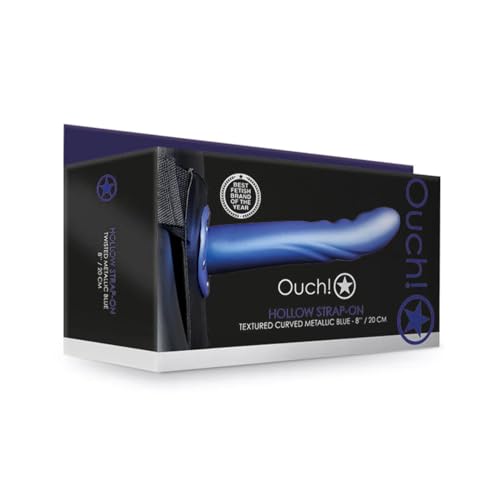 Shots Ouch 8" Textured Curved Hollow Strap On - Metallic Blue
