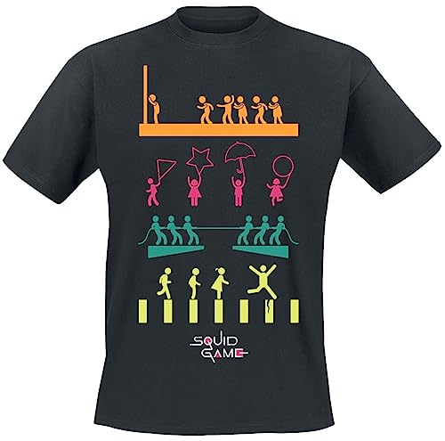 Squid Game, Games. Tshirt Nera 100% Cotone Per Uomo E Donna, Stampa Con Giochi Della Serie Tv, Prodotto Ufficiale (L)