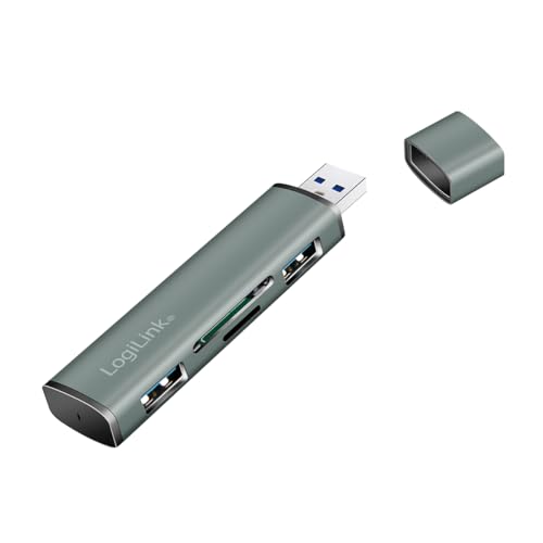 Logilink Ua0394 - Hub Usb 3.2 (Gen2) A 2 Porte Con Lettore Di Schede Per Schede Microsd E Sd, Alloggiamento In Alluminio Con Cappuccio Protettivo