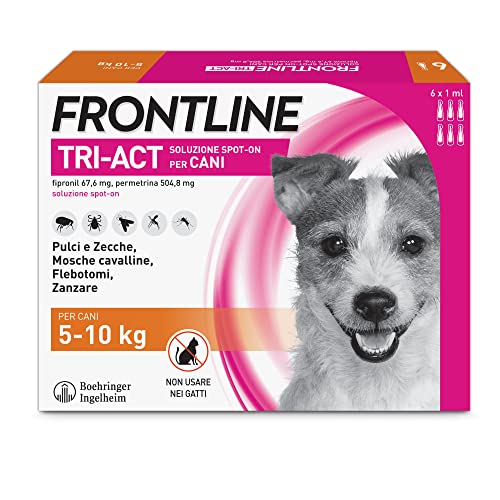 Frontline Triact, 6 Pipette, Cane S (5-10Kg), Antiparassitario Per Cani E Cuccioli Di Lunga Durata, Protegge Il Cane Da Pulci, Zecche, Zanzare, Pappat