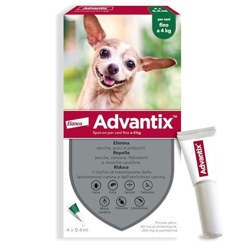 Advantix® Spot-On Antiparassitario Per Cani Fino A 4 Kg, 4 Pipette Da 0.4 Ml. Elimina Zecche, Pulci, Pidocchi E Larve Di Pulce In Casa. Protegge Da Za