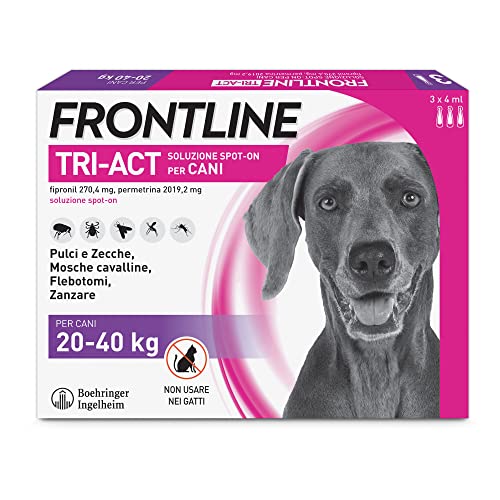 Frontline Triact, 3 Pipette, Cane L (20-40Kg), Antiparassitario Per Cani E Cuccioli Di Lunga Durata, Protegge Il Cane Da Pulci, Zecche, Zanzare, Pappa