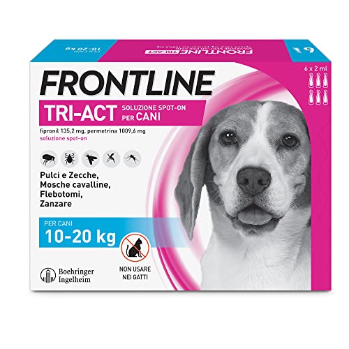 Frontline Triact, 6 Pipette, Cane M (10-20Kg), Antiparassitario Per Cani E Cuccioli Di Lunga Durata, Protegge Il Cane Da Pulci, Zecche, Zanzare, Pappa