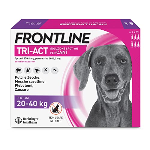 Frontline Triact, 6 Pipette, Cane L (20-40Kg), Antiparassitario Per Cani E Cuccioli Di Lunga Durata, Protegge Il Cane Da Pulci, Zecche, Zanzare, Pappa