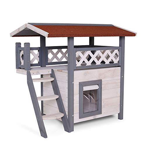 Lionto Casa Per Gatti Con Veranda E Scaletta, 77X50X73 Cm, Grigio/Bianco