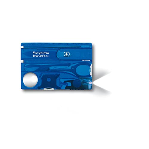 Victorinox, Coltellino Svizzero Swiss Card Lite (Coltello Multiuso Con 13 Funzioni, Luce Led E Lente Di Ingrandimento), Blu Trasparente