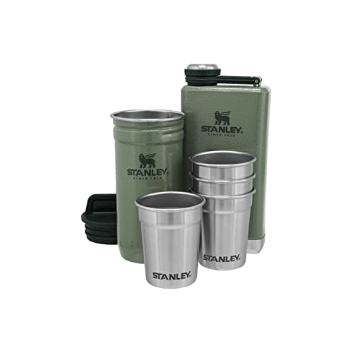 Stanley Adventure Pre-Party Shot Glass + Flask Set Hammertone Green - Acciaio Inossidabile Senza Bpa - Borraccia In Acciaio Inossidabile - Set Regalo