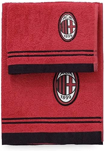 Ac Milan 8907 020 2110 Set Asciugamano E Ospite In Spugna, 100% Cotone, Rosso/Nero, 100X60X1 Cm, 2 Unità