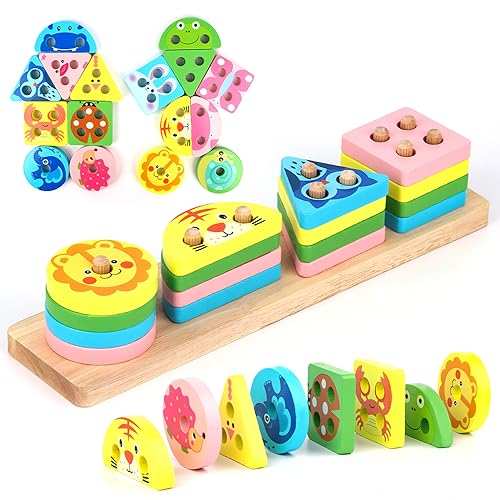 Vfandv Giochi Montessori, Giocattoli Per Bambini Montessori, 16 Pezzi Di Forme Geometriche Ordinamento E Impilamento Block Board, Giocattoli In Legno