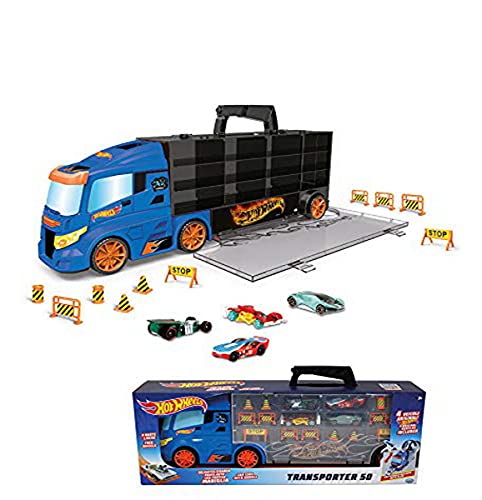 Ods 42034 Hot Wheels Transporter 50, Valigetta Bisarca Con 4 Auto Originali, Blu
