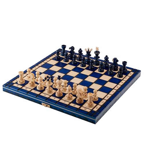 Master Of Chess Scacchiera In Legno 35Cm - Fatto A Mano Scacchiera Portatile - Blu Set Di Scacchi Pieghevoli Per Bambini E Adulti