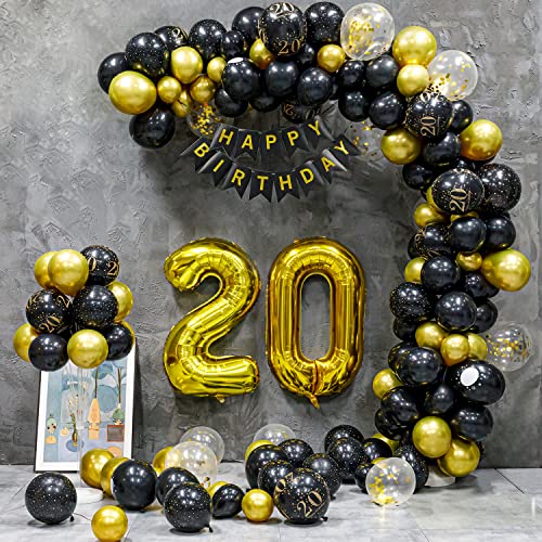Palloncini 20 Anni Compleanno, Decorazioni 20 Anni Compleanno Uomo Con Striscione 20 Compleanno, Nero Oro Palloncini Compleanno 20 Anni Per Donna Uomo