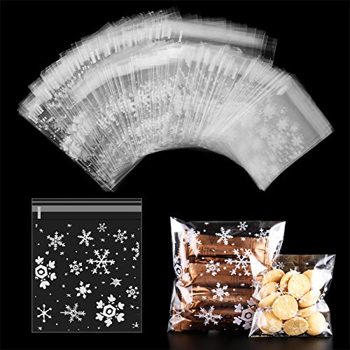 Melliex 300Pcs Sacchetti Biscotti Di Natale, Fiocchi Di Neve Sacchetti Cellophane Trasparente Per Caramella, Autoadesiva Risigillabile Plastica Sacche