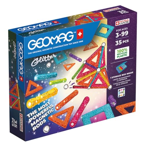 Geomag, Glitter Recycled, Costuzioni Magnetiche Effetto Glitter, Barrette Magnetiche Scintillanti E Colorate, Confezione Da 35 Pezzi, Plastica 100% Ri
