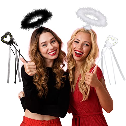 Bofunx 2Pcs Cerchietto Di Angelo Fascia Per Capelli Angel Halo Bianco E Nero Con Bastone Di Fata Travestimento Per Halloween Cosplay Bambini Adulti