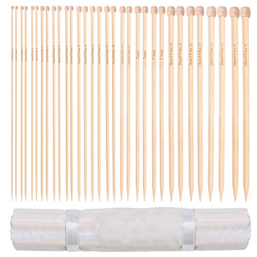 Curtzy Set Ferri Da Maglia In Bamboo - 16 Paia Di Ferri Maglia Dritti In Legno Con Custodia - Punta Singola Da 2 Mm A 12 Mm - Ogni Set Maglia Ferri Ba