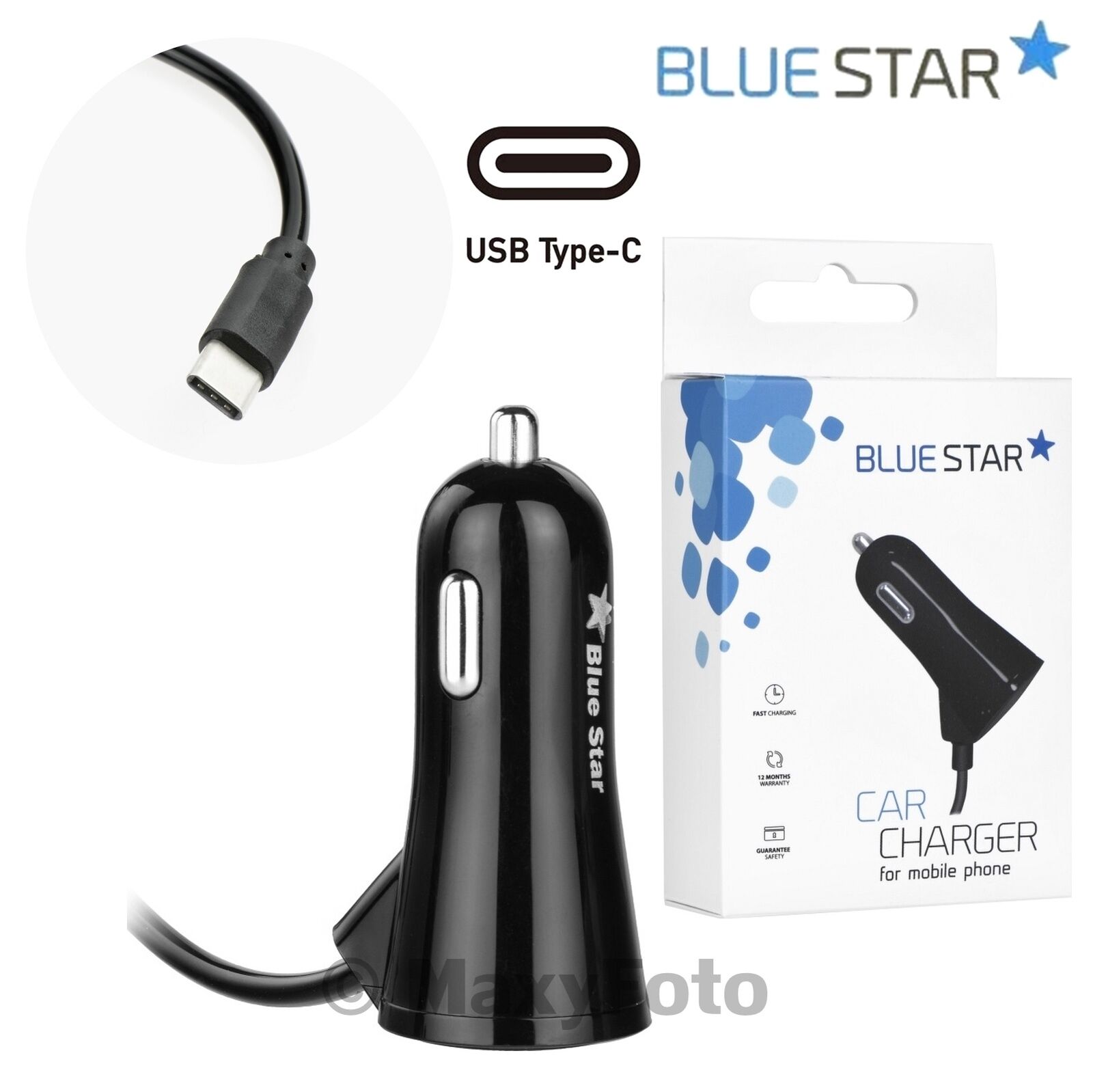 BLUE STAR CARICABATTERIE AUTO ORIGINALE 15W USB CON CAVO TYPE-C 5V 3A 78F6DDA