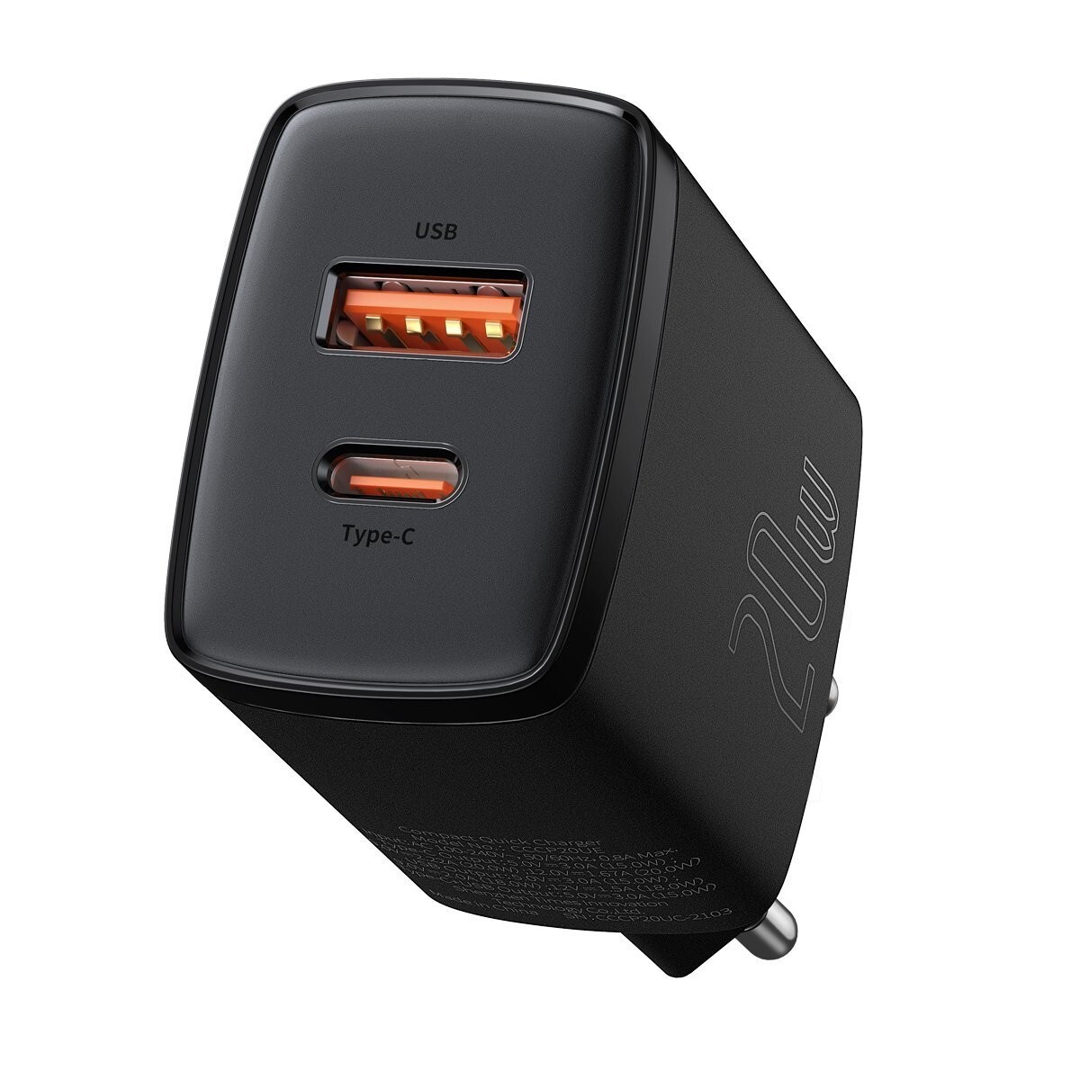 Caricatore rapido USB Tipo C 20W 3A 3.0 compatto Baseus nero
