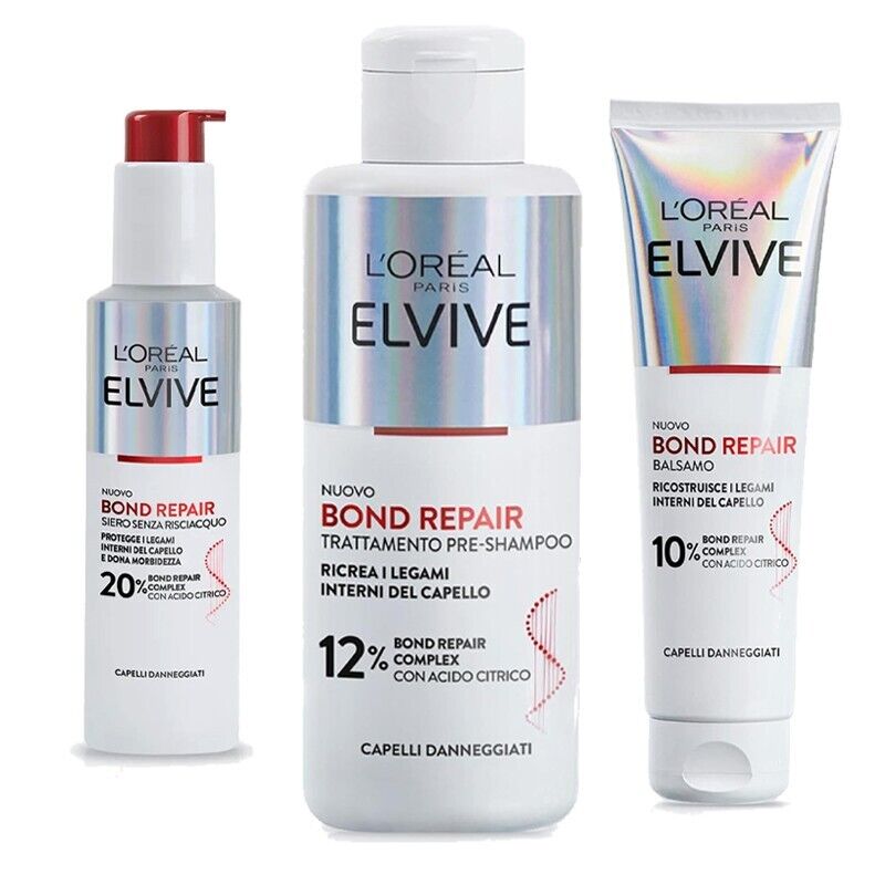 3pz L'OREAL ELVIVE BOND REPAIR Siero-Pre shampoo-Balsamo per capelli danneggiati