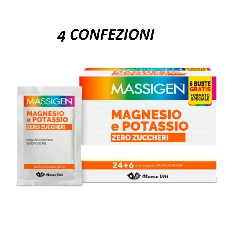 MASSIGEN Magnesio e Potassio Zero Zuccheri. 4 conf. da30 Buste, Gusto Arancia .