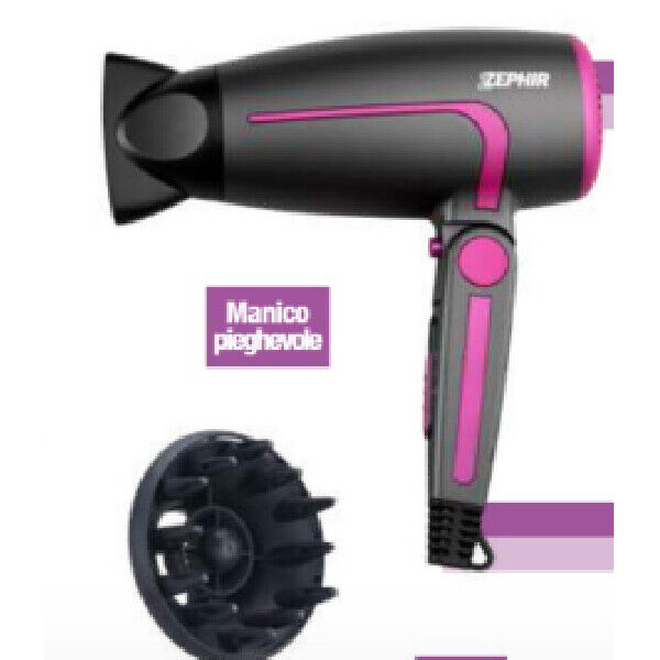 Zephir Phon Asciugacapelli da Viaggio Potenza 2000 watt Nero Rosa Zephir ZHB1600