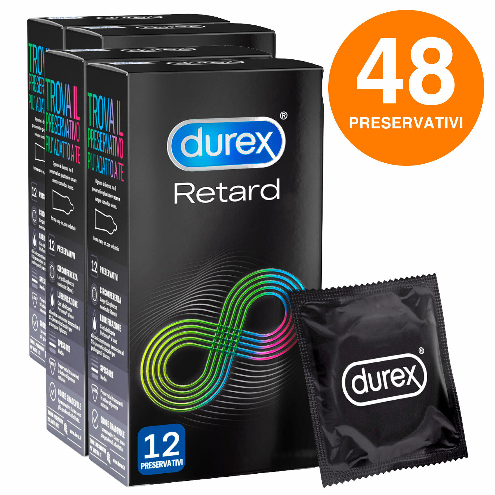 48 Preservativi Durex Rertard Profilattici Lubrificati Ritardanti in Scatola