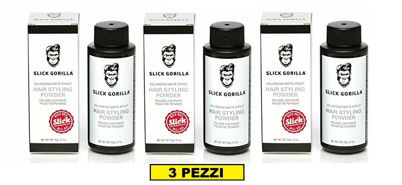 3 PEZZI SLICK GORILLA HAIR STYLING POWDER 20gr 20g 0.7oz POLVERE VOLUMIZZANTE