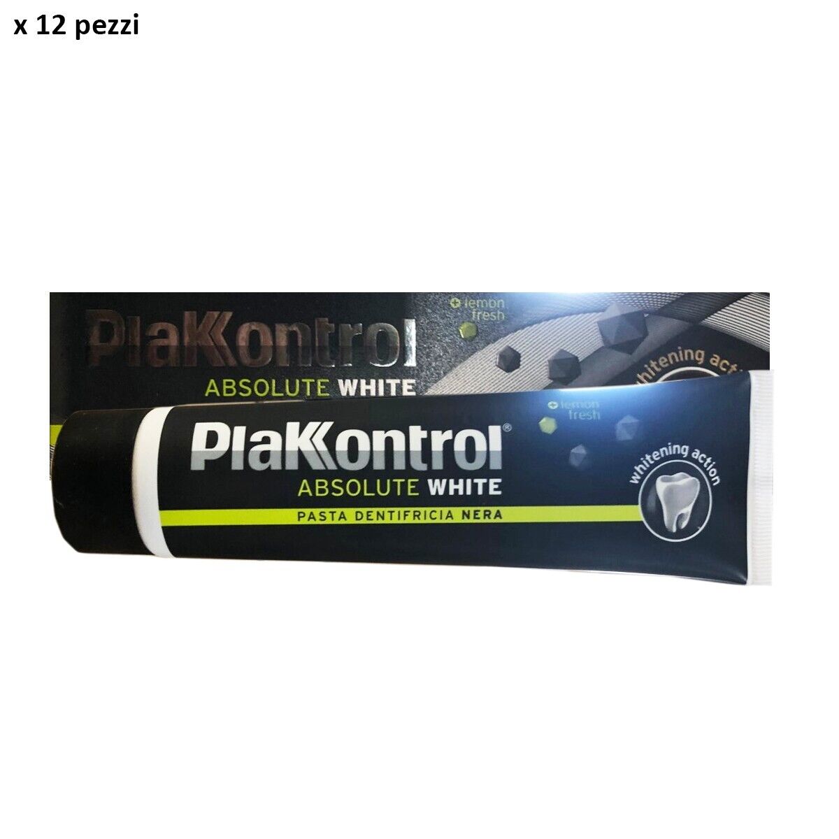 12pz Dentifricio Plak Kontrol Absolute White pasta nera sbiancante denti 75ml