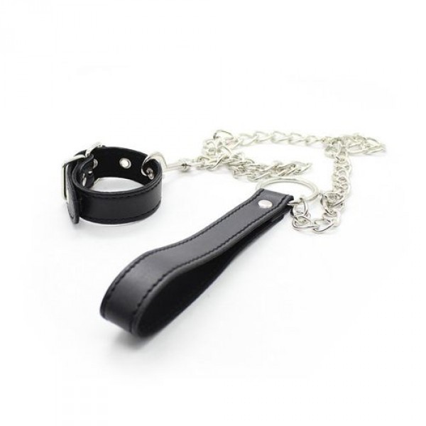Set Collare Polso Guinzaglio Bondage Ecopelle Nero con Catena Metallica Cromata
