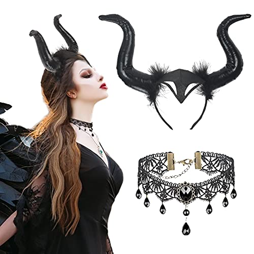 Lamek Fascia Corno Di Demone Corna Diavolo Nero Serra Testa Corno Di Diavolo Nero Con Chocker Pizzo Per Malefico Accessorio Gotico Decorazione Hallowe