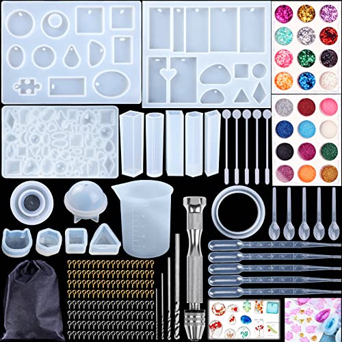 Amzeeniu 156Pcs Resina Stampi Silicon Gioielli,Resina Casting Kit Silicone Set Di Strumenti,Artigianato Per Gioielli Fai-Da-Te,Con Sacchetto Di Stocca