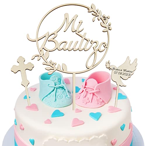 Set Cake Topper Per Torta Topper Cupcake Battesimo Scritte Spagnolo Mi Bautizo Foglie Piccione Decorazioni Torta Battesimo Addobbi Casa