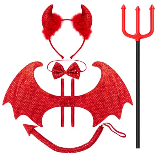 Spooktacular Creations 5 Pezzi Set Di Costumi Da Diavolo Per Halloween Con Ali Rosse Da Diavolo, Forcone Da Diavolo, Papillon, Fascia Di Corno Da Diav