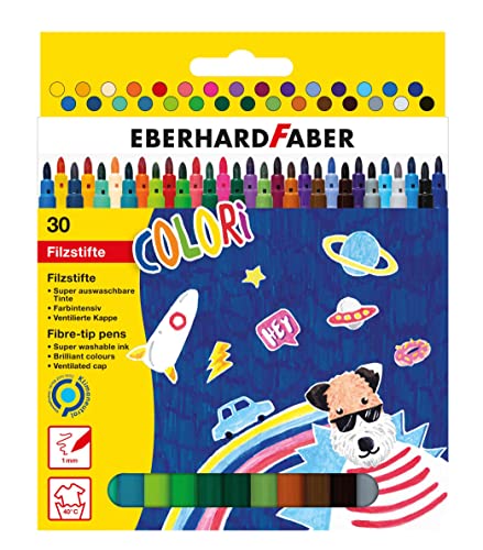 Eberhard Faber 551130 - Pennarelli Colori In 30 Colori Intensi, Spessore Della Mina 1 Mm, Lavabili, In Scatola Di Cartone, Per Disegnare, Dipingere, C