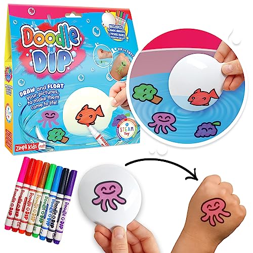 Doodle N Dip Di Zimpli Kids, Disegna E Fai Galleggiare Le Tue Immagini E Aggiungile Come Tatuaggi Temporanei, 8 Pennarelli Magici E Paletta Per Immagi